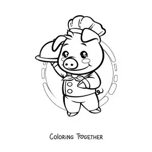 Coloring page of a cute animated pig chef with a dish on a tray