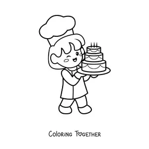 Coloring page of a cute pastry chef carrying a cake