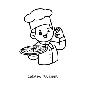 Coloring page of a cute pizza chef with a pizza