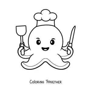 Coloring page of a cute octopus chef with kitchen utensils