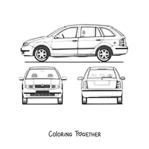 Coloring page of a car from different points of view