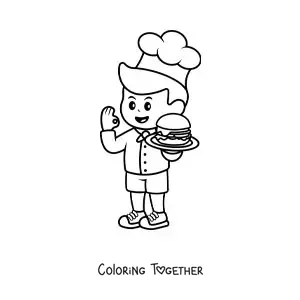 Coloring page of a cute cook with a hamburger