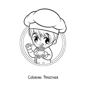 Coloring page of a cute boy cook eating french fries