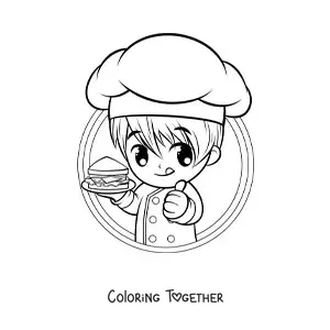 Coloring page of a cute boy cook with a sandwich