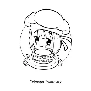 Coloring page of a cute girl cook with a hamburger