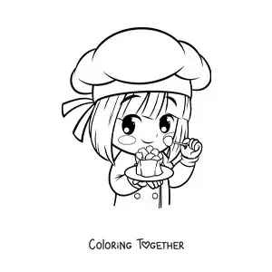 Coloring page of a cute girl cook with a plate of food