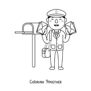 Coloring page of a cute mailman with letters next to the mailbox