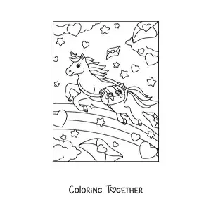 Coloring page of a cute animated unicorn mailman