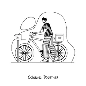 Coloring page of a mailman on a bicycle delivering letters