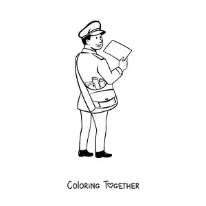 Coloring page of a cartoon of a mailman delivering the mail