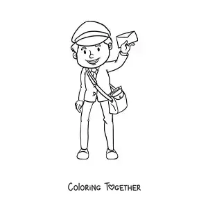 Coloring page of an animated mailman with a letter