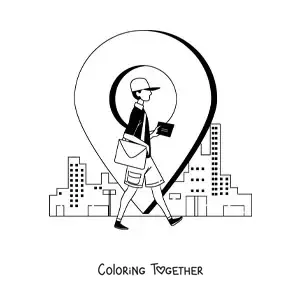 Coloring page of a mailman walking in the city
