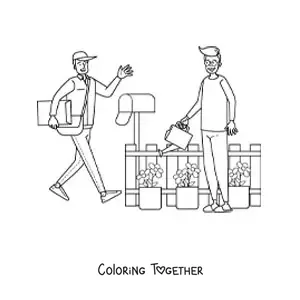Coloring page of a mailman delivering the mail to the mailbox