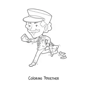 Coloring page of a cartoon of a mailman running