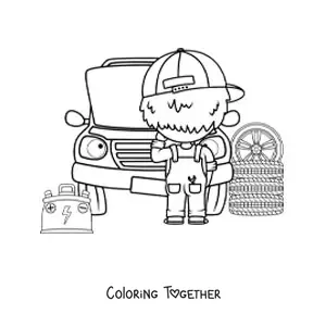 Coloring page of a car mechanic repairing a car