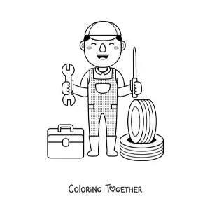 Coloring page of a car mechanic with wheels and tools