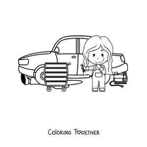 Coloring page of an animated girl mechanic repairing a car