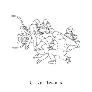 Coloring page of mechanics working in the pits