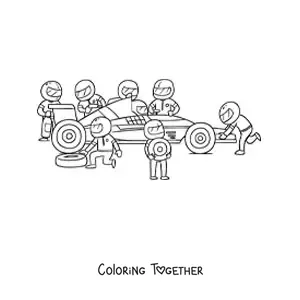 Coloring page of mechanics repairing a Formula One car