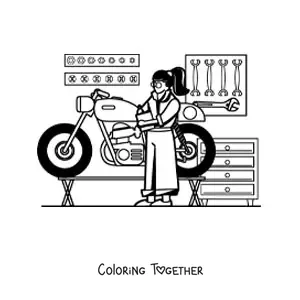 Coloring page of a woman with the profession of mechanic in her workshop with a motorcycle