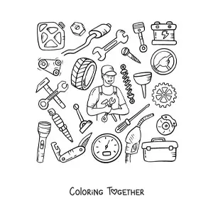 Coloring page of a man with the profession of mechanic and his tools