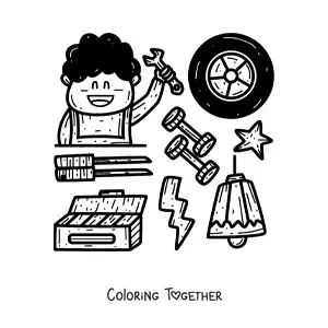 Coloring page of an animated car mechanic with his tools