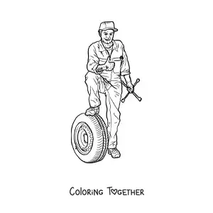 Coloring page of a realistic car mechanic with a wheel