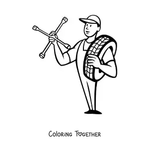 Coloring page of an animated car mechanic with a wheel