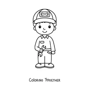 Coloring page of a cute boy with the profession of car mechanic
