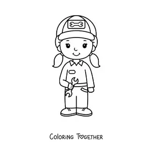 Coloring page of a cute girl with the profession of car mechanic