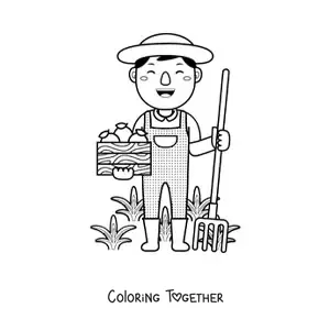 Coloring page of a peasant farmer harvesting fruits