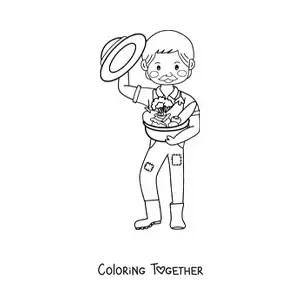 Coloring page of a cute farmer with harvested fruits