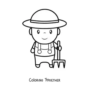 Coloring page of a cute farmer with a pitchfork