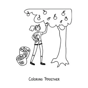 Coloring page of a girl picking apples from a tree