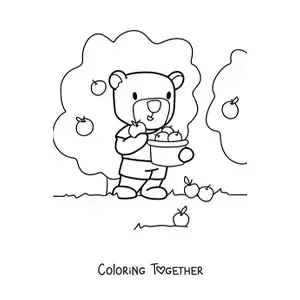 Coloring page of an animated bear picking apples on a farm