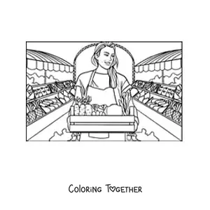 Coloring page of a girl taking her harvested fruits to the market