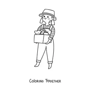 Coloring page of a cute woman farmer with harvested fruits