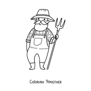 Coloring page of an animated peasant farmer with a pitchfork
