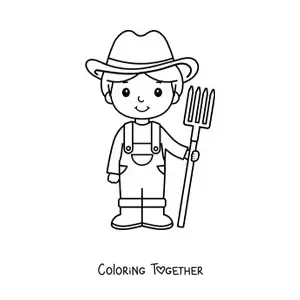 Coloring page of a cute cartoon boy farmer with a pitchfork