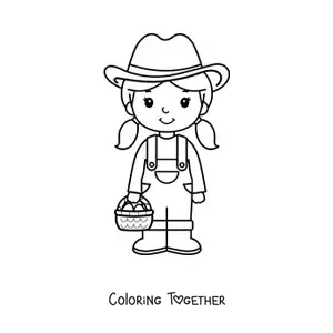 Coloring page of a cute cartoon girl farmer with a pitchfork