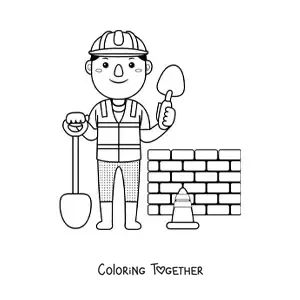 Coloring page of a bricklayer working on the construction of a wall