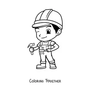 Coloring page of a cute kawaii cartoon construction worker