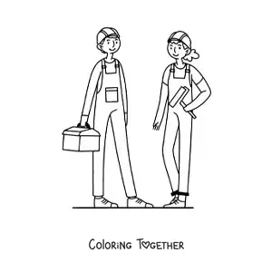 Coloring page of a man and woman who work as bricklayers