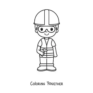 Coloring page of a cute kawaii boy bricklayer with a helmet and a hammer