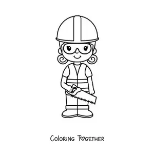 Coloring page of a cute kawaii girl bricklayer with a helmet and a saw