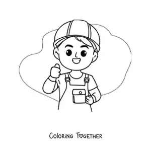 Coloring page of a cute kawaii cartoon construction bricklayer