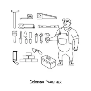 Coloring page of a bricklayer with his construction tools
