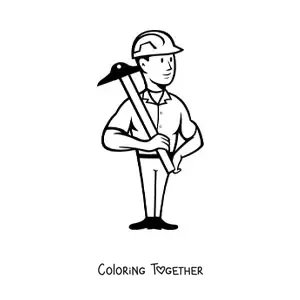 Coloring page of a construction worker with a pickaxe