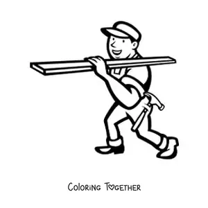 Coloring page of a construction worker with a board and a hammer