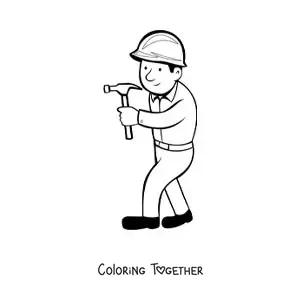 Coloring page of a construction worker with a hammer
